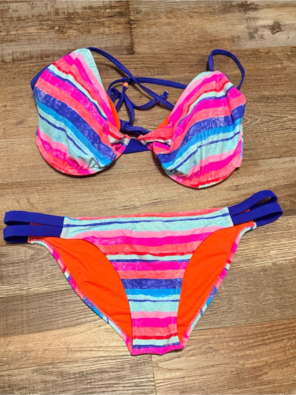 Striped Neon Push-Up Bikini Set - Pink, Blue & Orange Top Size F Bottom Size XL